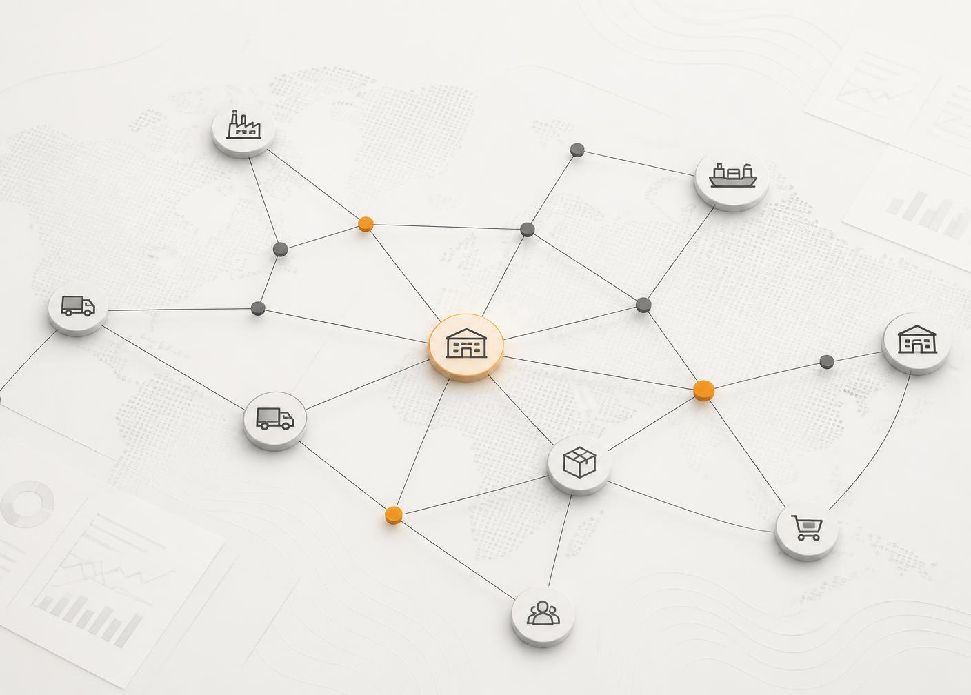 Abstract diagram of a connected food supply-chain network