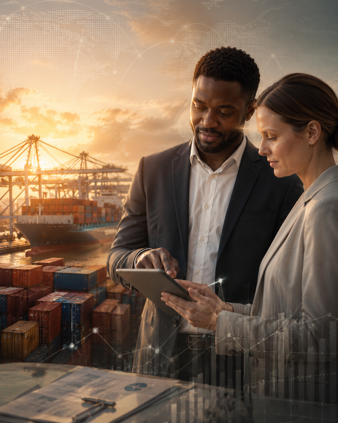 Two professionals reviewing trade data on a tablet at a container shipping port